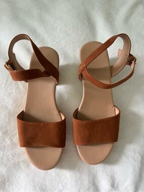 LOFT Tan Brown Suede Ankle-Strap Sandals